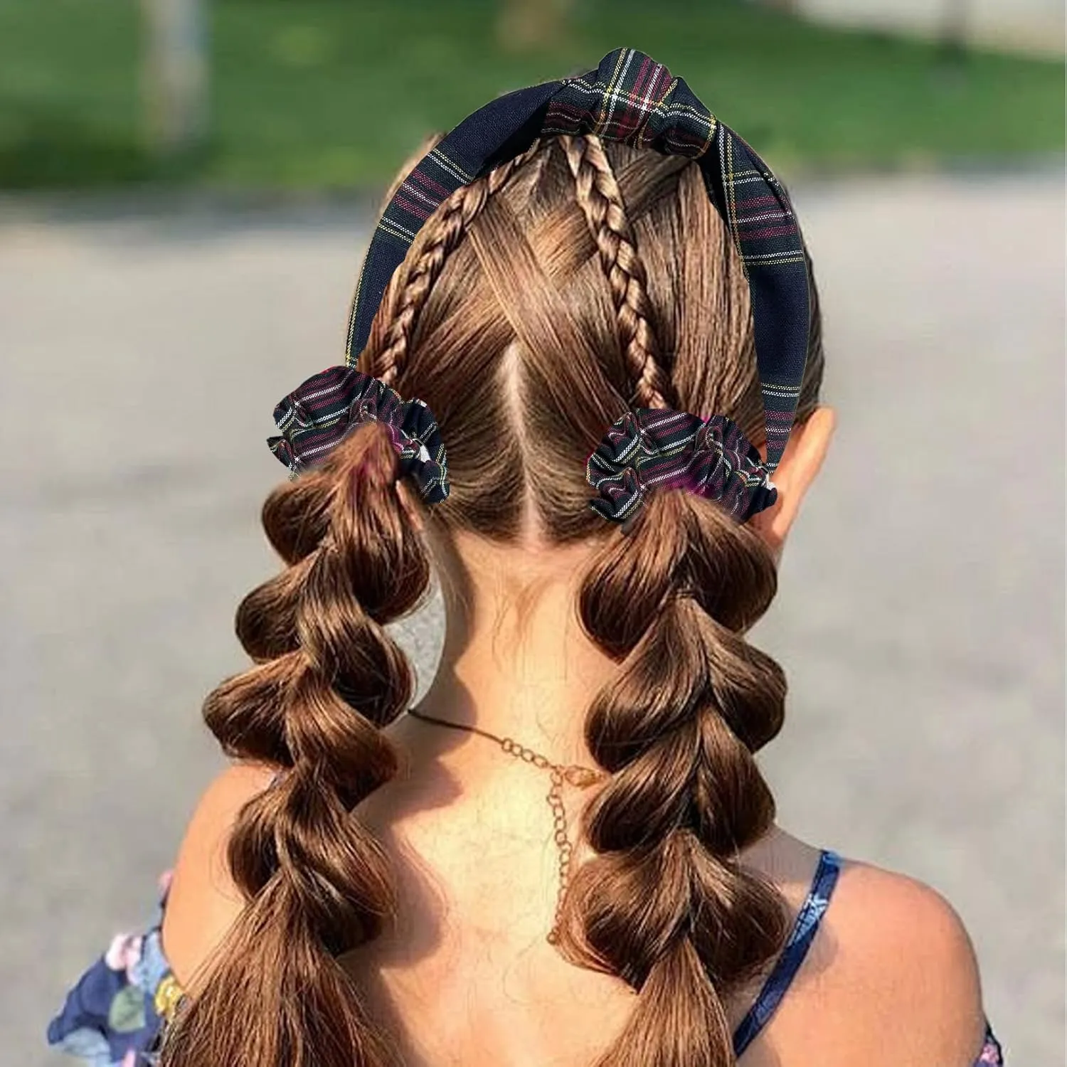 5 Pcs Plaid Headband Set with Hair Knotted Scrunchies Bow, Padded Headbands for Women, Christmas Hair Bows & Clips Accessories for Girls (Black)