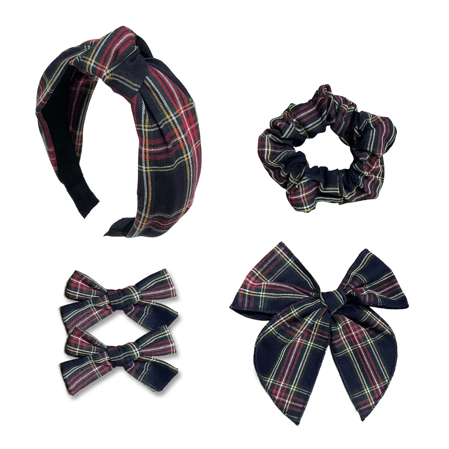 5 Pcs Plaid Headband Set with Hair Knotted Scrunchies Bow, Padded Headbands for Women, Christmas Hair Bows & Clips Accessories for Girls (Black)