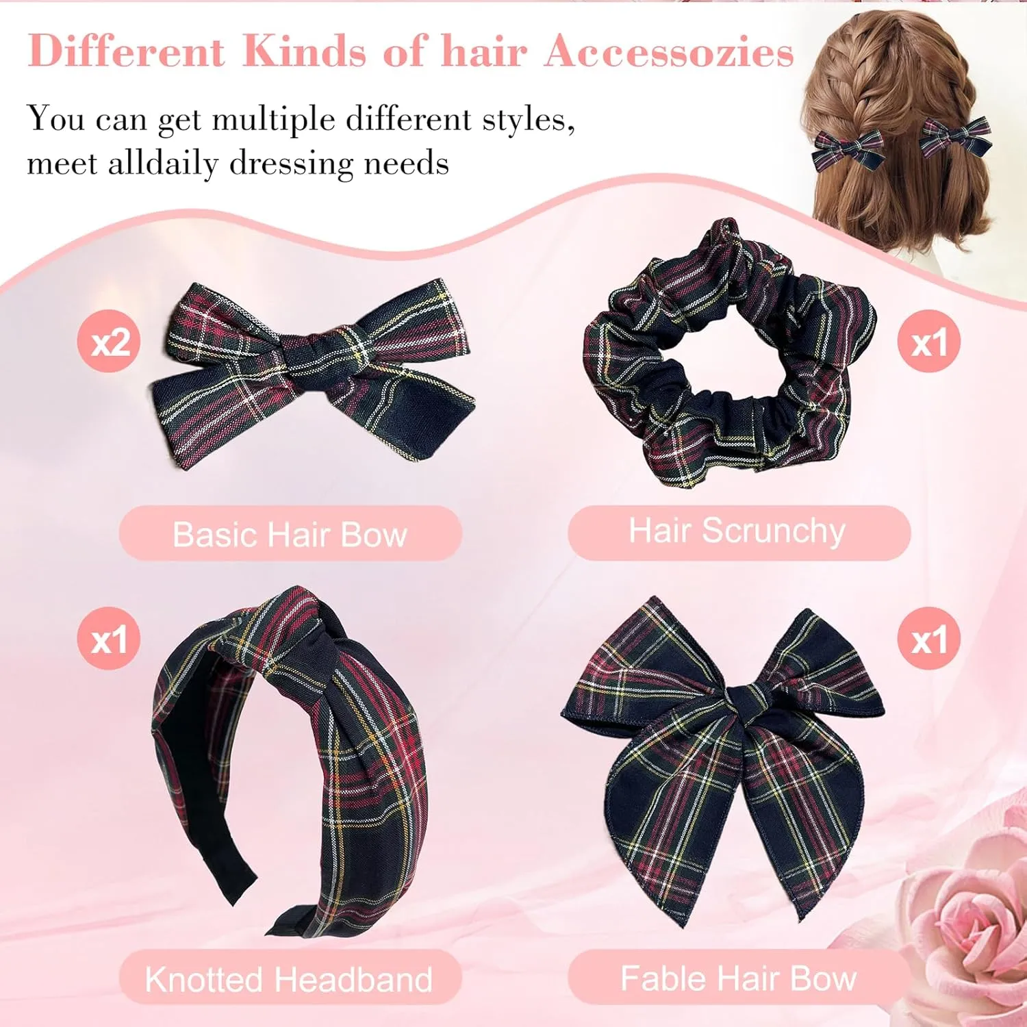 5 Pcs Plaid Headband Set with Hair Knotted Scrunchies Bow, Padded Headbands for Women, Christmas Hair Bows & Clips Accessories for Girls (Black)