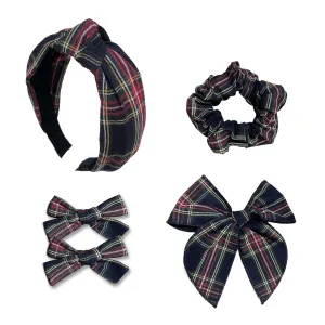 5 Pcs Plaid Headband Set with Hair Knotted Scrunchies Bow, Padded Headbands for Women, Christmas Hair Bows & Clips Accessories for Girls (Black)