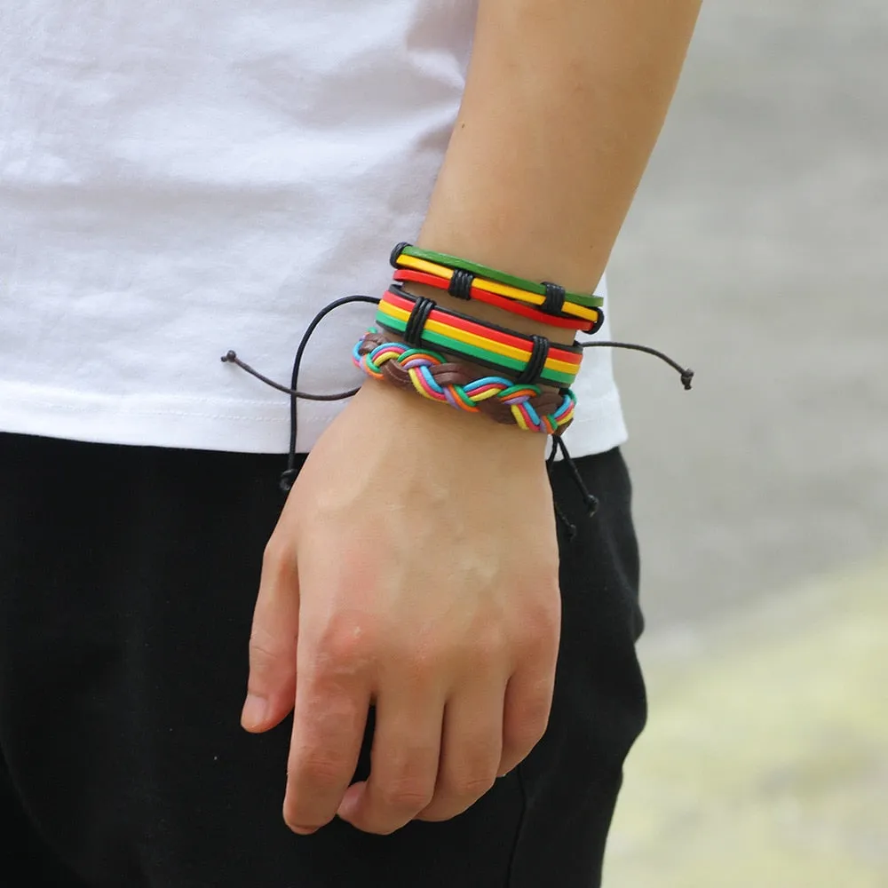 5pcs Rasta Leather Bracelet Set