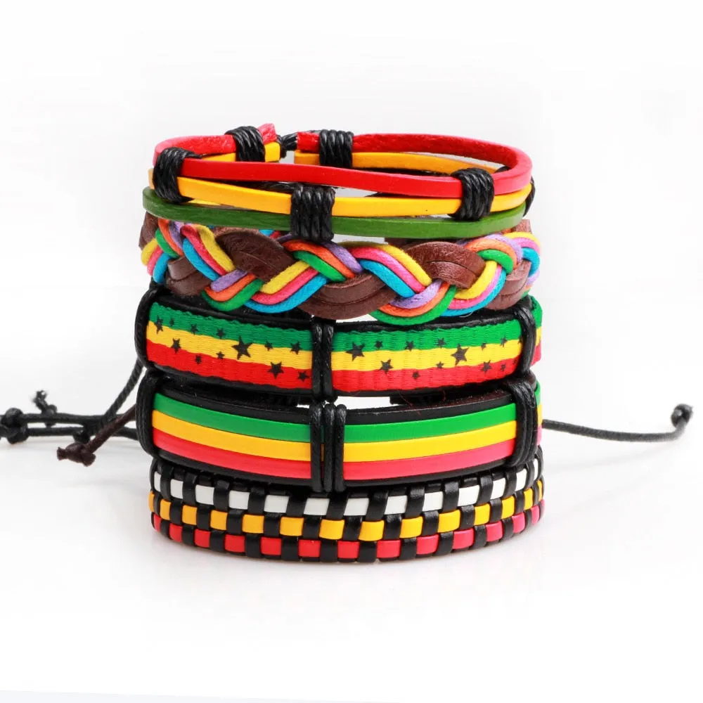 5pcs Rasta Leather Bracelet Set