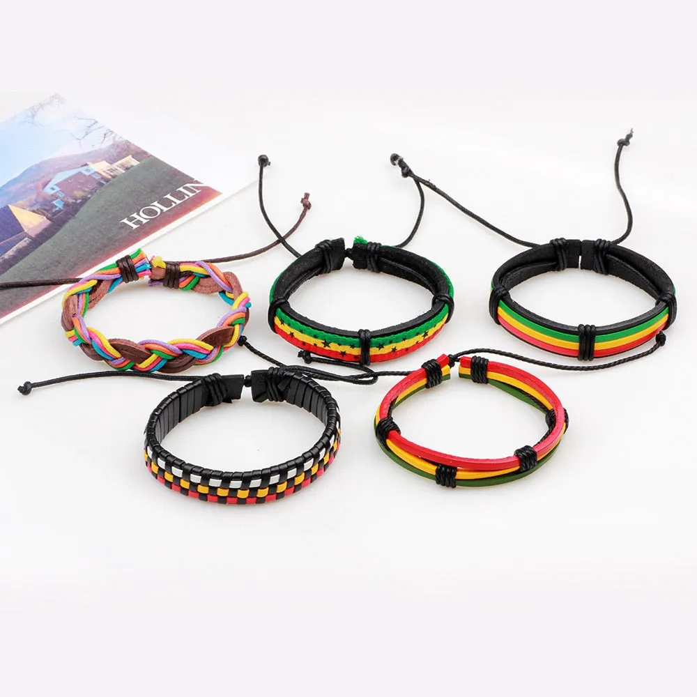 5pcs Rasta Leather Bracelet Set