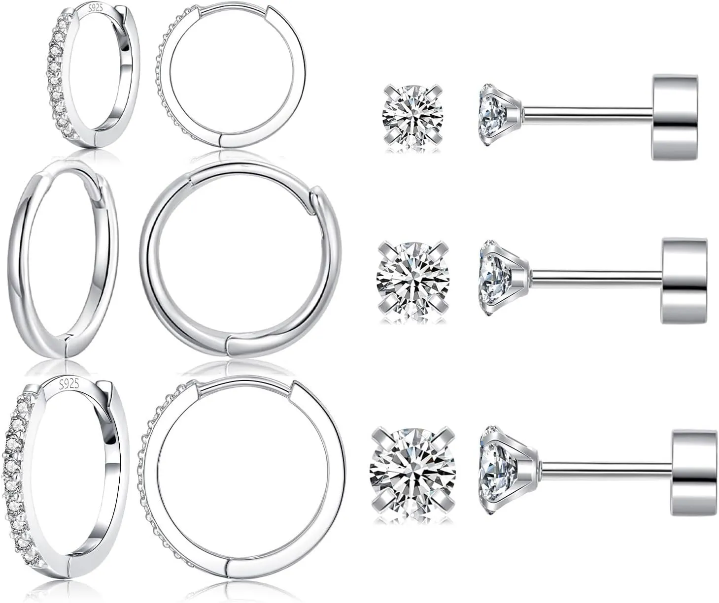 6 Pairs Sterling Silver Earrings Sets for Multiple Piercing Small Silver Huggie Hoop Flat Back Surgical Steel Tiny CZ Stud Earrings for Women Trendy Cartilage Hypoallergenic