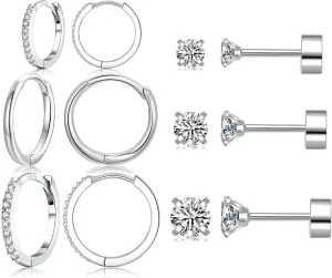 6 Pairs Sterling Silver Earrings Sets for Multiple Piercing Small Silver Huggie Hoop Flat Back Surgical Steel Tiny CZ Stud Earrings for Women Trendy Cartilage Hypoallergenic