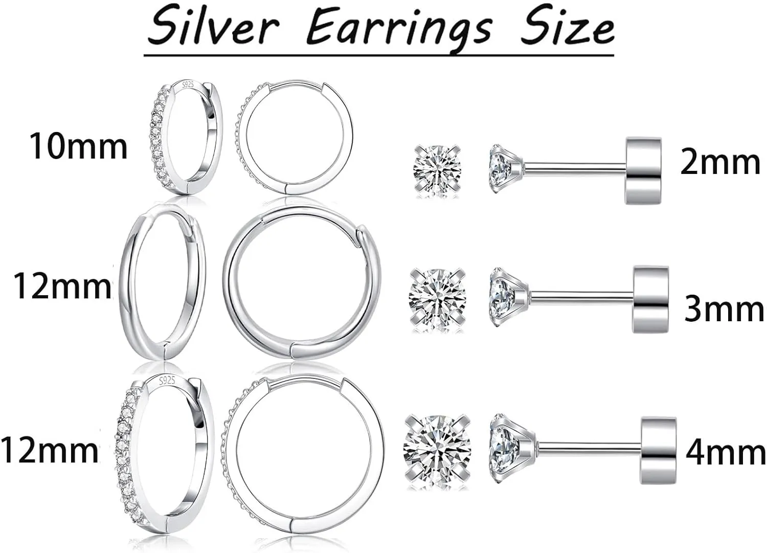 6 Pairs Sterling Silver Earrings Sets for Multiple Piercing Small Silver Huggie Hoop Flat Back Surgical Steel Tiny CZ Stud Earrings for Women Trendy Cartilage Hypoallergenic
