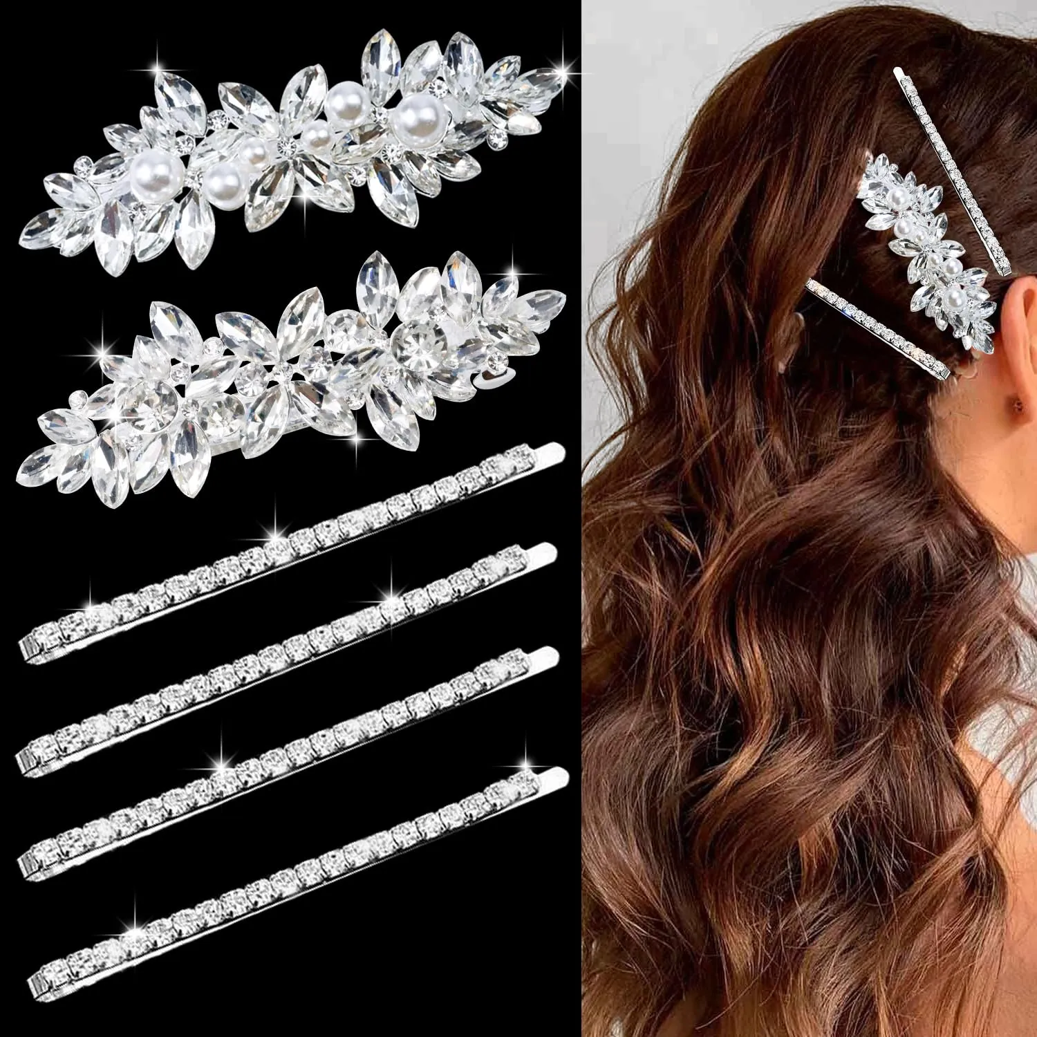 6 Pieces Rhinestone Bridal Hair Clips Leaf Wedding Hair Pins Crystal Bobby Pins Silver Hairpin Jewelry Barrette for Brides Bridesmaids Flower Girls