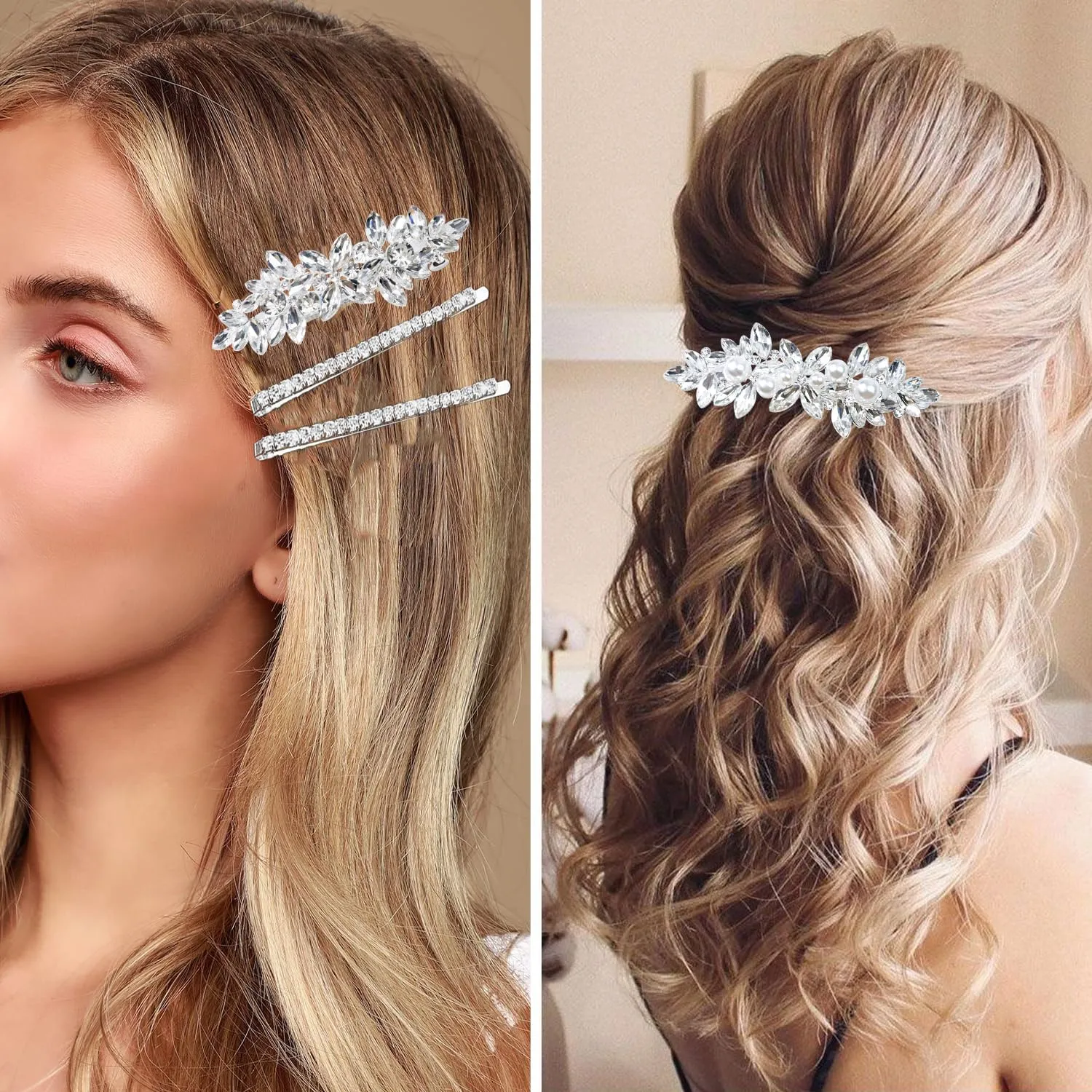 6 Pieces Rhinestone Bridal Hair Clips Leaf Wedding Hair Pins Crystal Bobby Pins Silver Hairpin Jewelry Barrette for Brides Bridesmaids Flower Girls