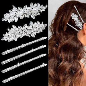 6 Pieces Rhinestone Bridal Hair Clips Leaf Wedding Hair Pins Crystal Bobby Pins Silver Hairpin Jewelry Barrette for Brides Bridesmaids Flower Girls