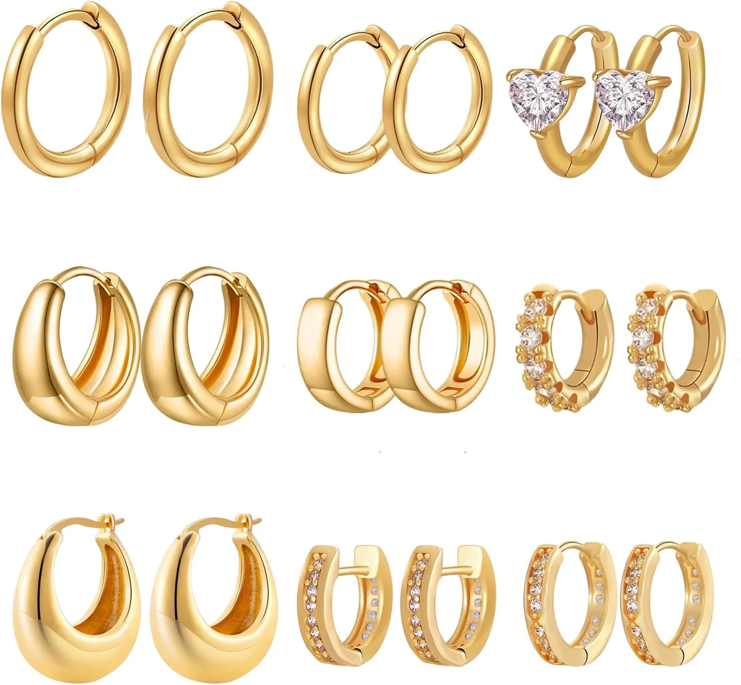 9 Pairs Gold Hoop Earrings for Women,18K Gold Plated Chunky Earrings Set Hypoallergenic Thick Lightweight Hoop Earrings for Women Huggie Earrings Set for Jewelry Gifts