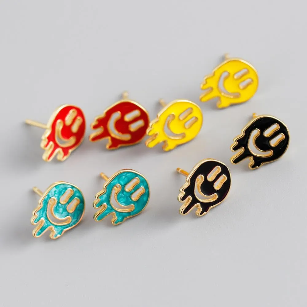 925 silver stud earrings women sterling silver minimalist smile face drop oil stud earrings women (gold, red)