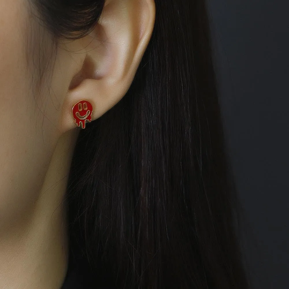925 silver stud earrings women sterling silver minimalist smile face drop oil stud earrings women (gold, red)