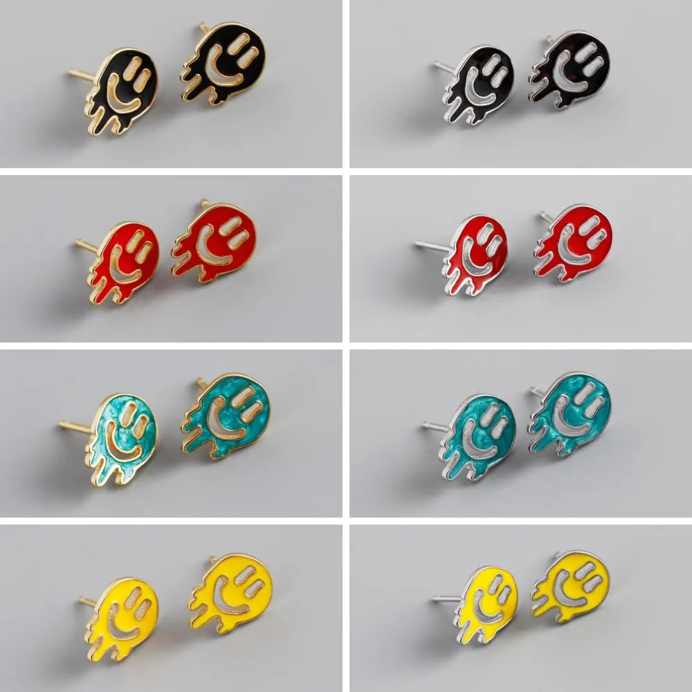 925 silver stud earrings women sterling silver minimalist smile face drop oil stud earrings women (gold, red)