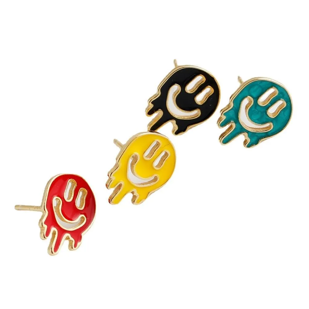 925 silver stud earrings women sterling silver minimalist smile face drop oil stud earrings women (gold, red)