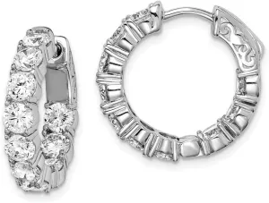 925 Sterling Silver Polished Safety clasp Rhodium Plated With CZ Simulated Diamond Hinged Hoop Earrings 19x20mm Wide 4mm-Hoop Earring for Women