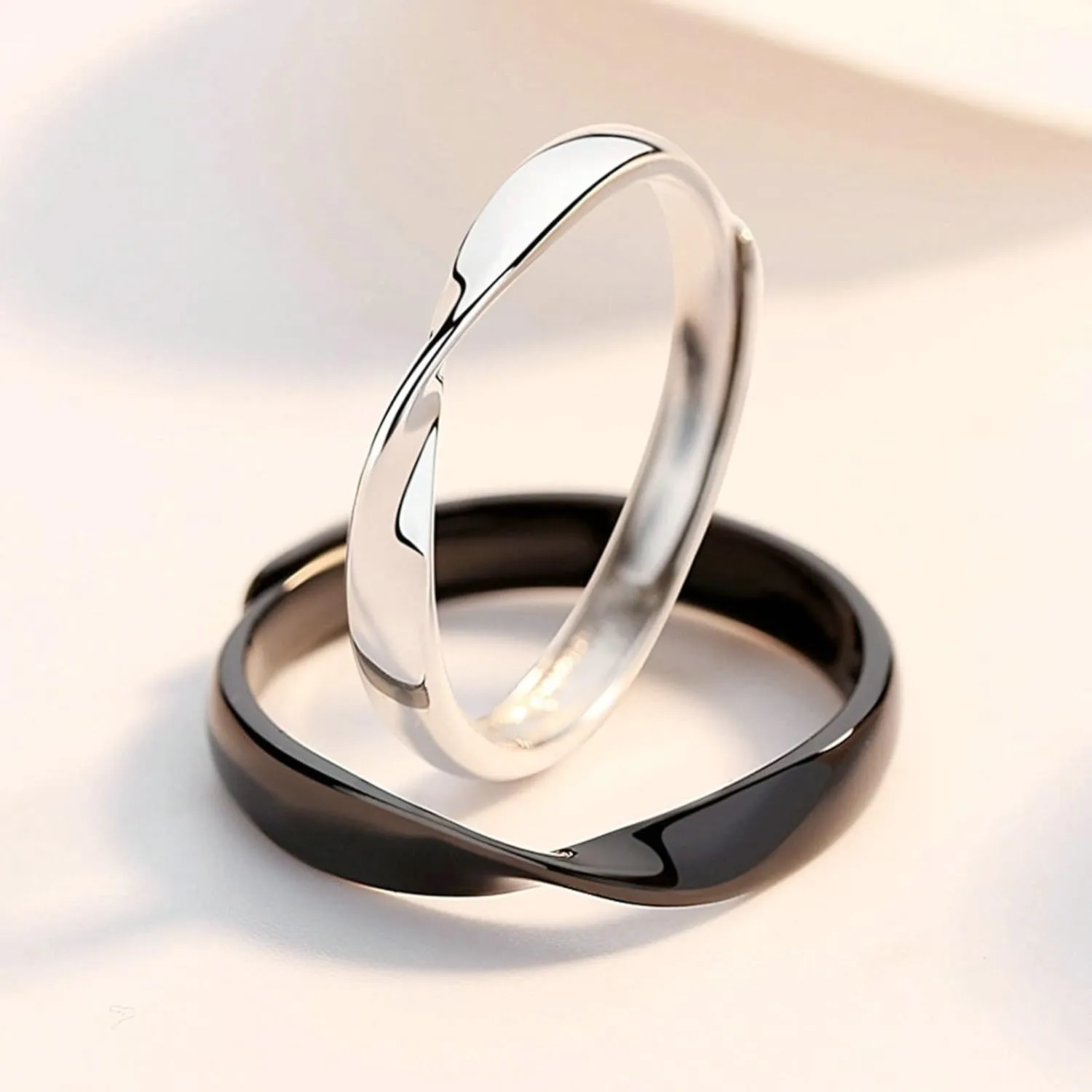 925 Sterling Silver Rings Engagement Ring, Promise Rings for Couples Personalized Adjustable Silver Black Mobius Ring