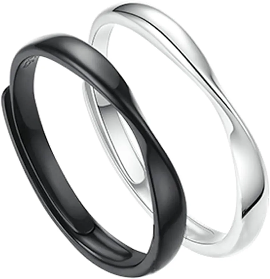 925 Sterling Silver Rings Engagement Ring, Promise Rings for Couples Personalized Adjustable Silver Black Mobius Ring