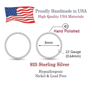 925 Sterling Silver Small Hoop Earrings for Women Girls, 8mm Tiny Thin Huggie Hoops for Cartilage, Helix, Tragus, Second Hole, Mini Ear Lobe Piercing Hoops, Nose Rings Hoops 22 Gauge 8 mm