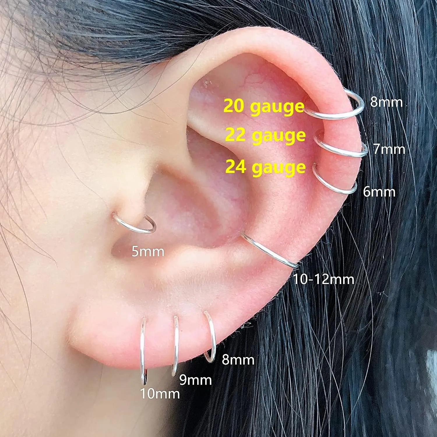 925 Sterling Silver Small Hoop Earrings for Women Girls, 8mm Tiny Thin Huggie Hoops for Cartilage, Helix, Tragus, Second Hole, Mini Ear Lobe Piercing Hoops, Nose Rings Hoops 22 Gauge 8 mm