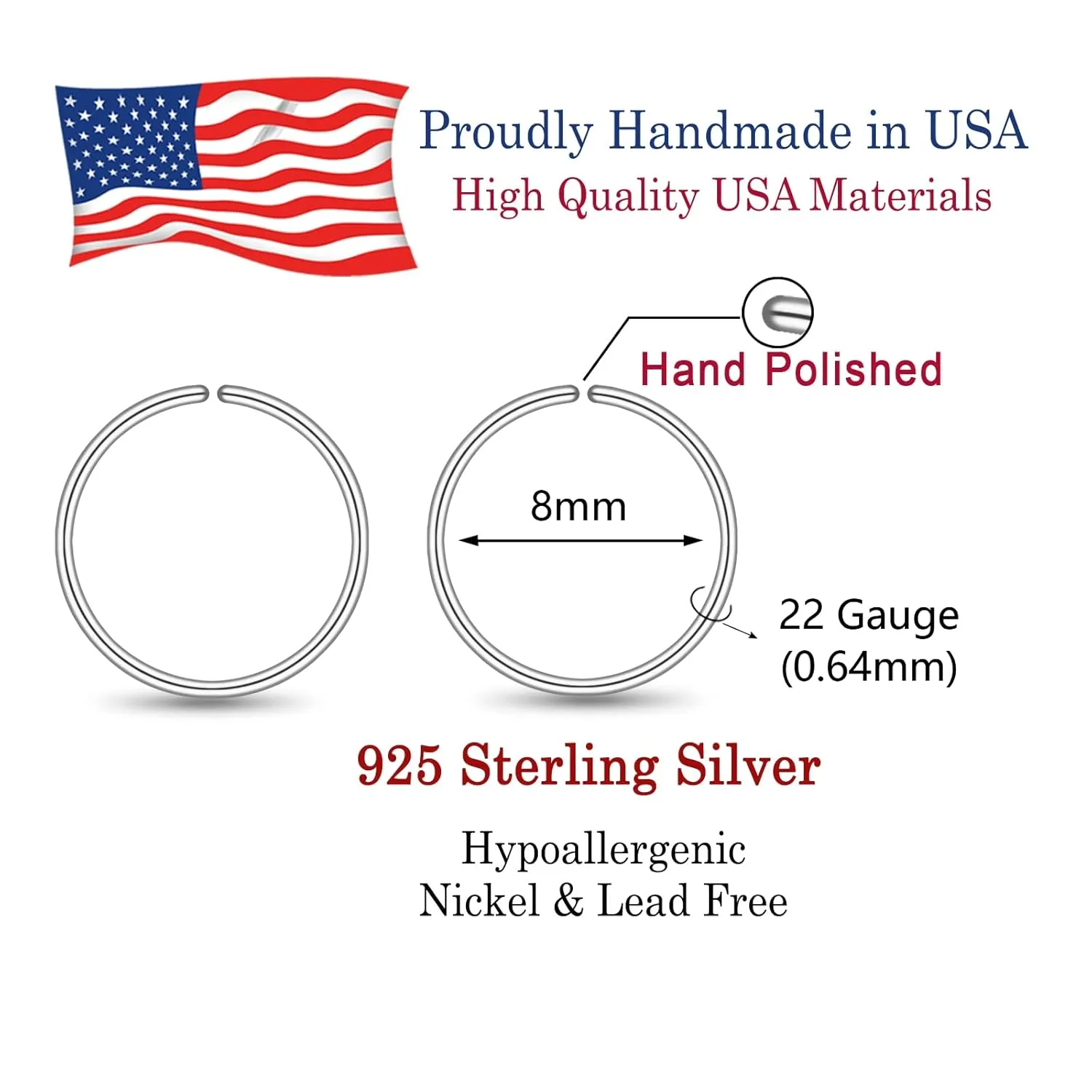 925 Sterling Silver Small Hoop Earrings for Women Girls, 8mm Tiny Thin Huggie Hoops for Cartilage, Helix, Tragus, Second Hole, Mini Ear Lobe Piercing Hoops, Nose Rings Hoops 22 Gauge 8 mm