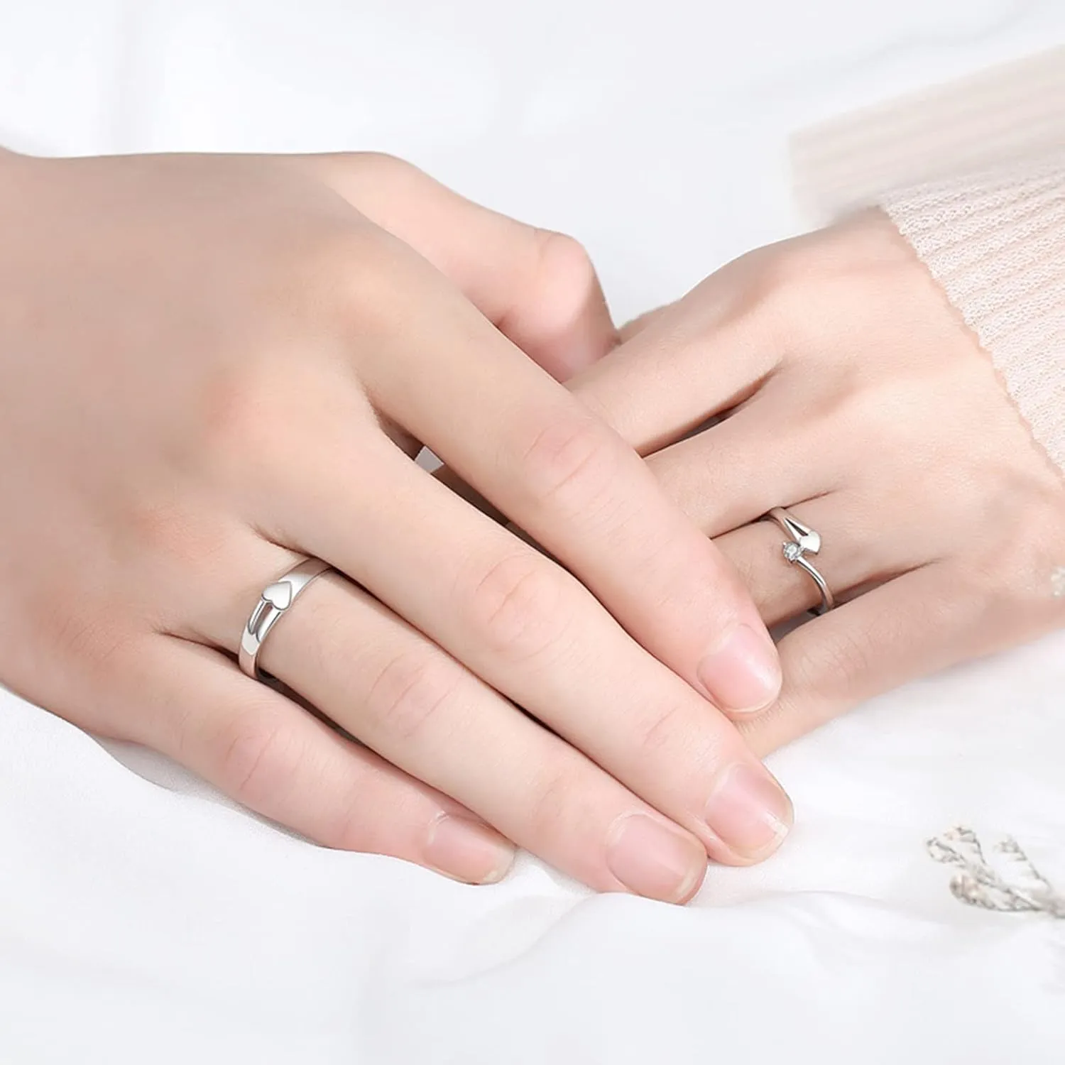 Adjustable Couples Rings Set, Engraved Wedding Rings for Couples 925 Sterling Silver Heart Ring with Cubic Zirconia