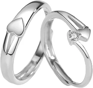 Adjustable Couples Rings Set, Engraved Wedding Rings for Couples 925 Sterling Silver Heart Ring with Cubic Zirconia