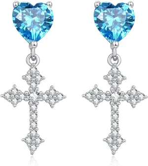 AENEAS Cross Dangle Stud Earrings for Women Sterling Silver Cross Drop Dangle Earrings Hypoallergenic Light Blue Crystal Earrings CZ Heart Cross Dangling Earrings for Women