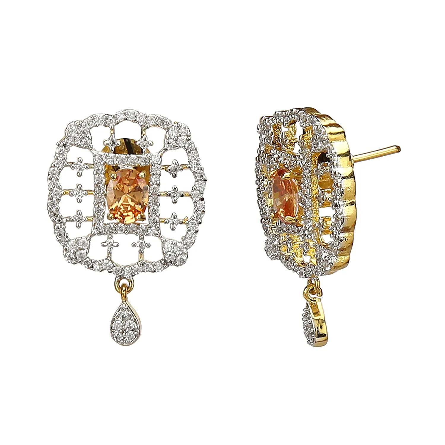 American Diamond 22k Gold Plated CZ Pendant Set with Earrings
