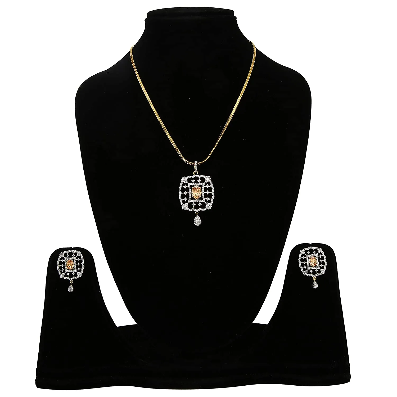 American Diamond 22k Gold Plated CZ Pendant Set with Earrings