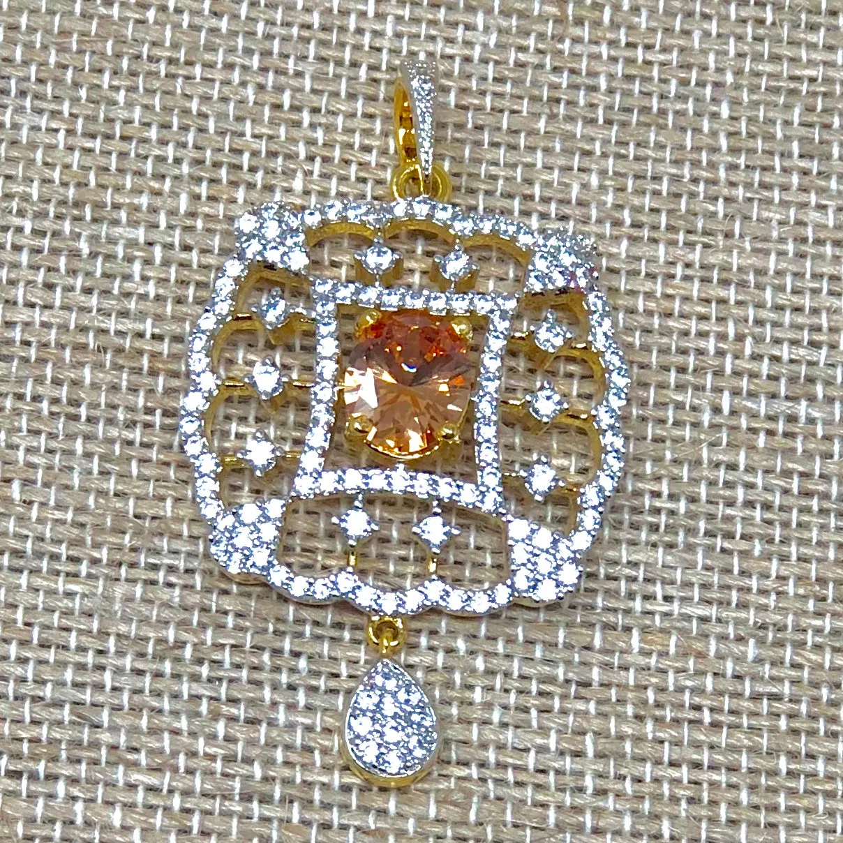 American Diamond 22k Gold Plated CZ Pendant Set with Earrings