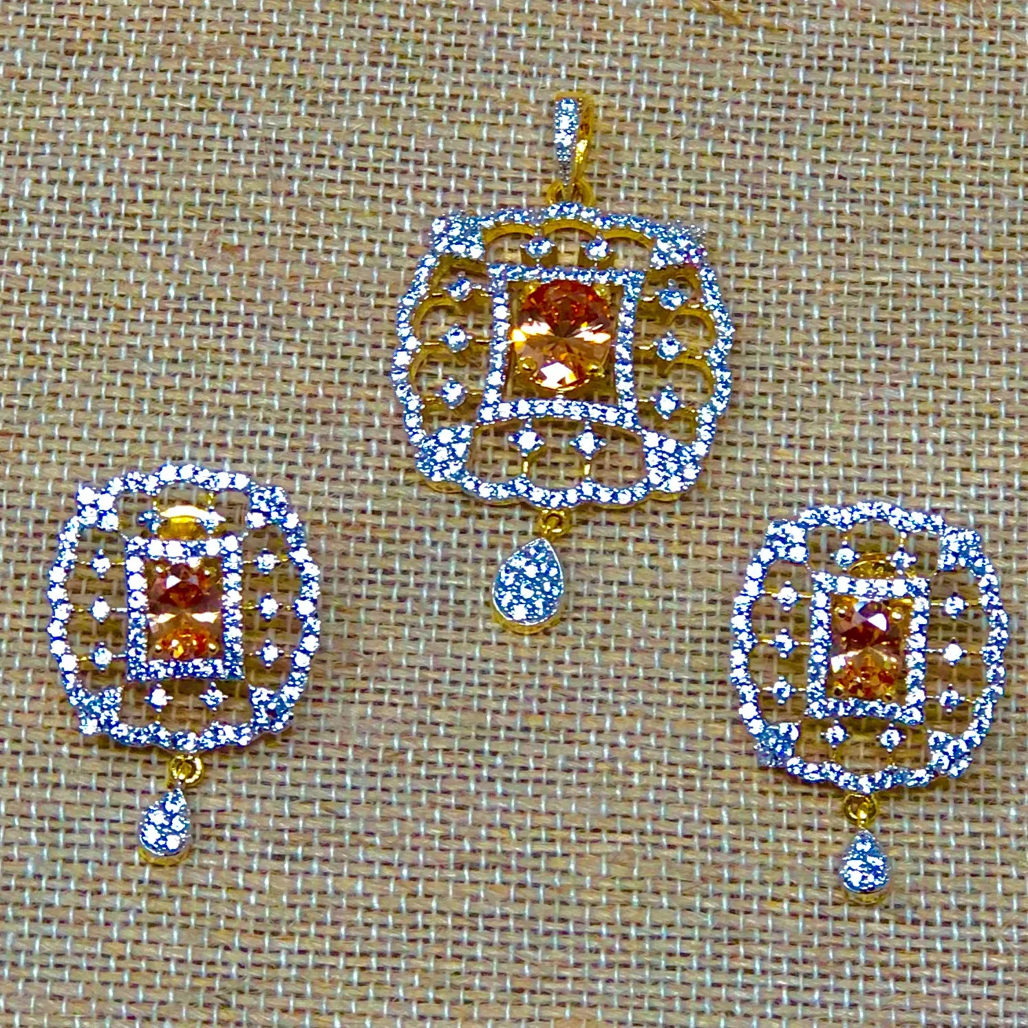 American Diamond 22k Gold Plated CZ Pendant Set with Earrings
