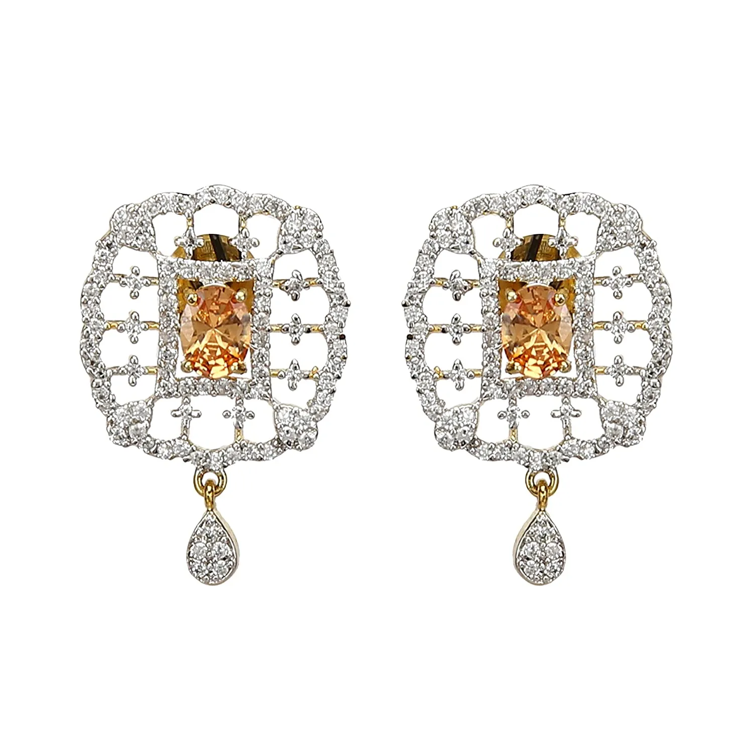 American Diamond 22k Gold Plated CZ Pendant Set with Earrings