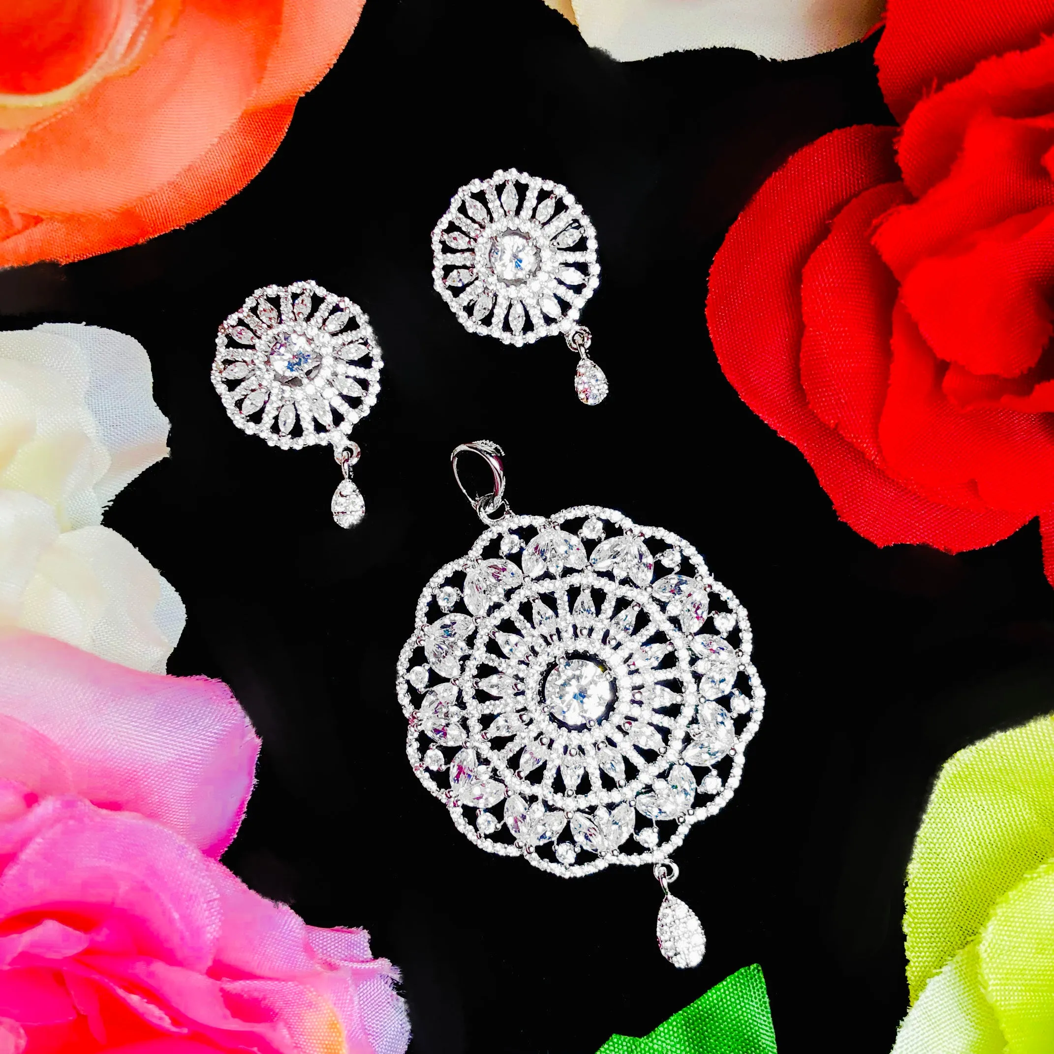 American Diamond Semi-Precious Pendant Set (Design 19)