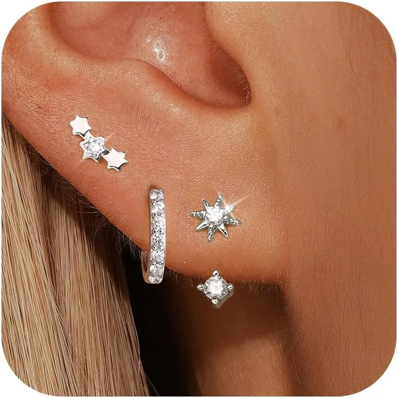 Angelady Sterling Silver Earrings Set for Women, Gold Plated Stud Hoop Earring Stacks for Women, Cartilage Huggies Earrings Set for Multiple Piercings