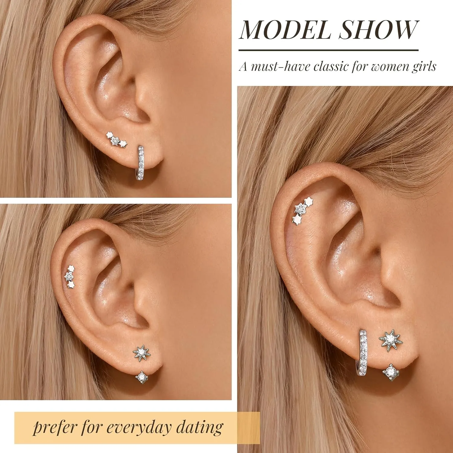 Angelady Sterling Silver Earrings Set for Women, Gold Plated Stud Hoop Earring Stacks for Women, Cartilage Huggies Earrings Set for Multiple Piercings