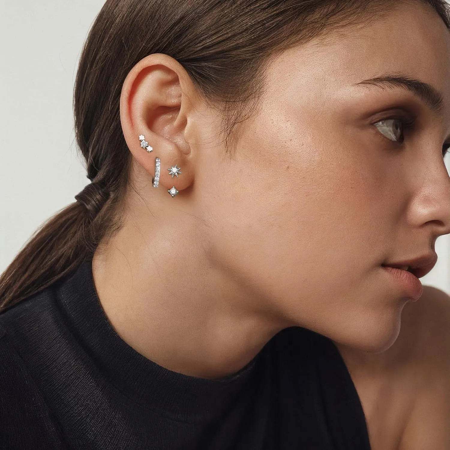 Angelady Sterling Silver Earrings Set for Women, Gold Plated Stud Hoop Earring Stacks for Women, Cartilage Huggies Earrings Set for Multiple Piercings