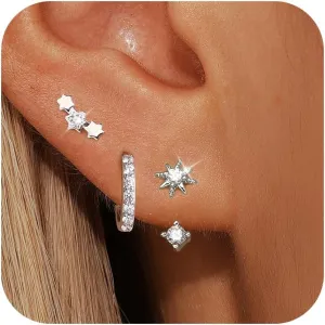 Angelady Sterling Silver Earrings Set for Women, Gold Plated Stud Hoop Earring Stacks for Women, Cartilage Huggies Earrings Set for Multiple Piercings