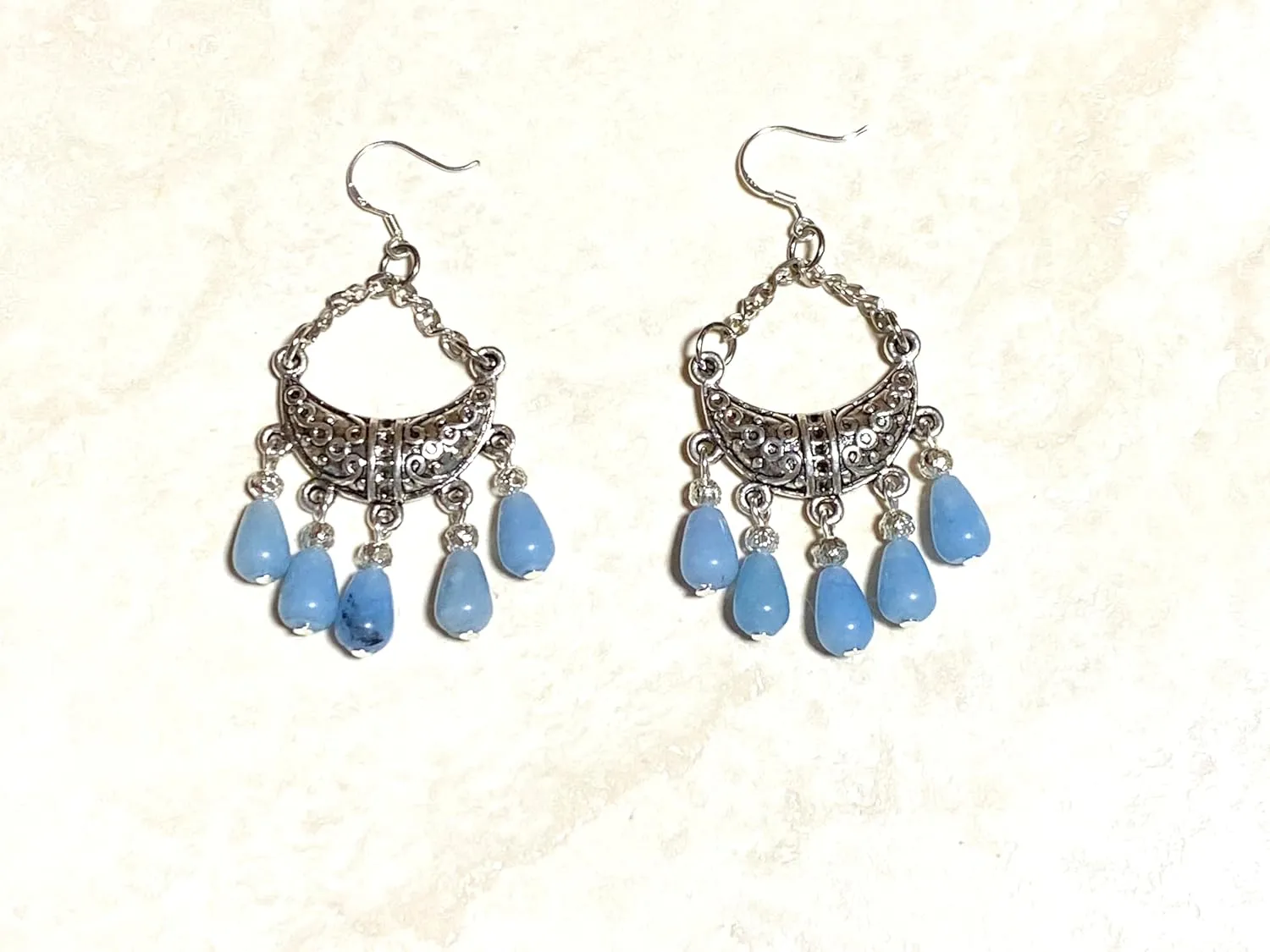 Antique Victorian Style Chandelier Silver Earrings with Blue Gemstone