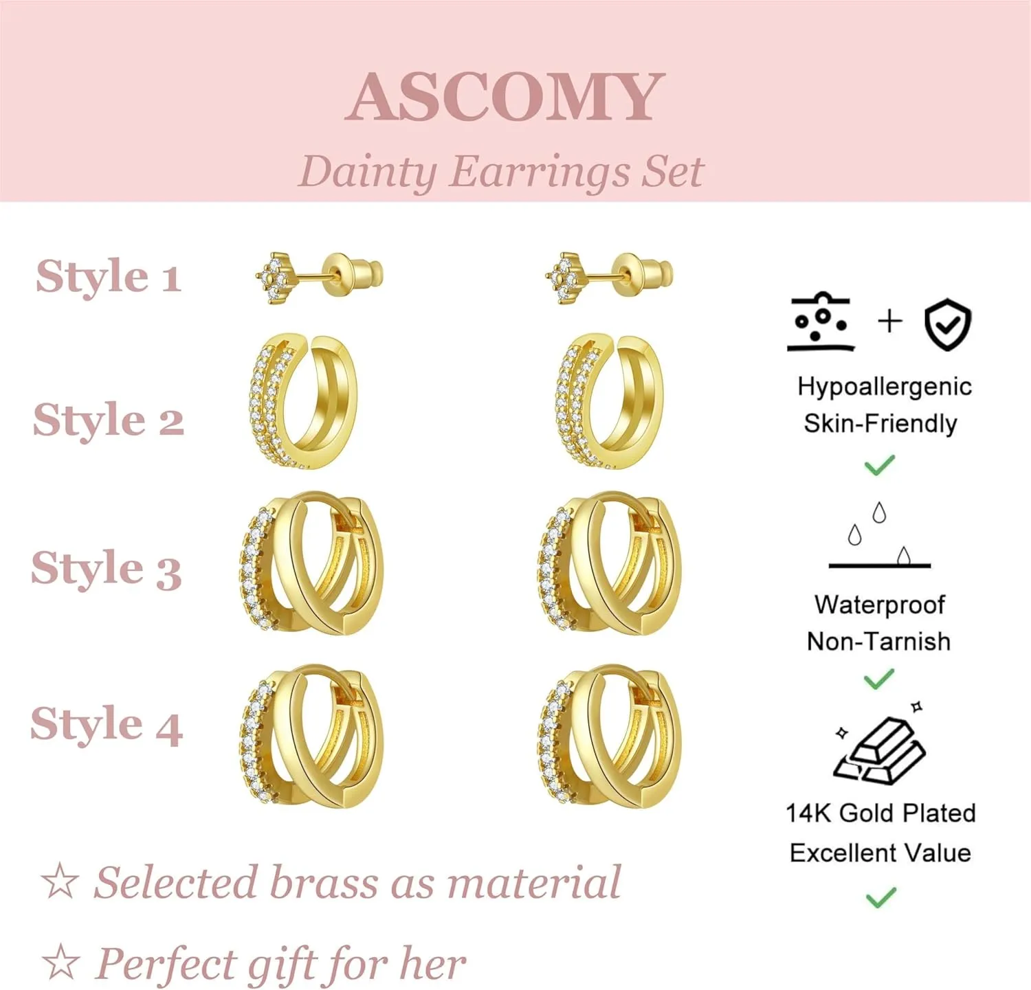 ASCOMY Gold Earrings for Women Dainty Hoop Earrings Set 14K Gold/Silver Plated 3 Pairs Huggie Hoops Cubic Zirconia Earring CZ Stud Chunky Open Hoop Earring Trendy Jewelry Gifts for Women