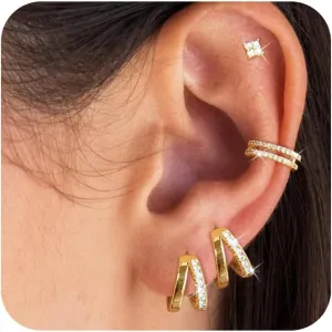 ASCOMY Gold Earrings for Women Dainty Hoop Earrings Set 14K Gold/Silver Plated 3 Pairs Huggie Hoops Cubic Zirconia Earring CZ Stud Chunky Open Hoop Earring Trendy Jewelry Gifts for Women