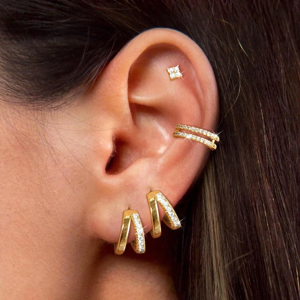 ASCOMY Gold Earrings for Women Dainty Hoop Earrings Set 14K Gold/Silver Plated 3 Pairs Huggie Hoops Cubic Zirconia Earring CZ Stud Chunky Open Hoop Earring Trendy Jewelry Gifts for Women