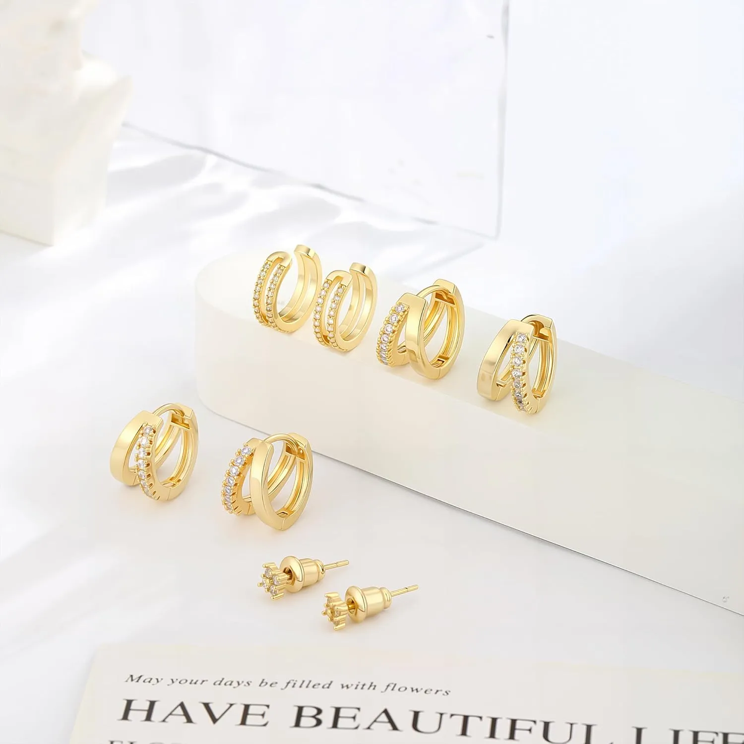 ASCOMY Gold Earrings for Women Dainty Hoop Earrings Set 14K Gold/Silver Plated 3 Pairs Huggie Hoops Cubic Zirconia Earring CZ Stud Chunky Open Hoop Earring Trendy Jewelry Gifts for Women