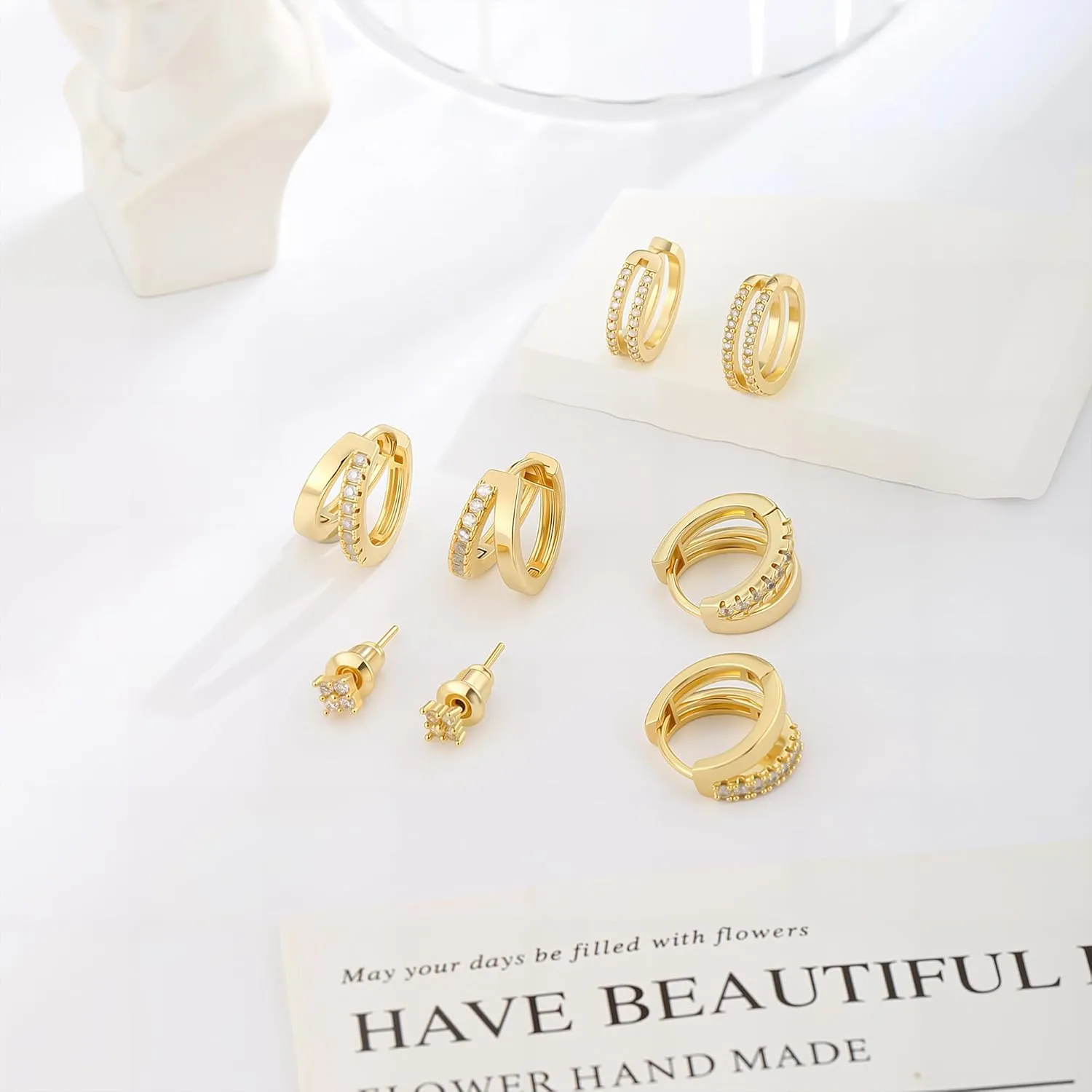 ASCOMY Gold Earrings for Women Dainty Hoop Earrings Set 14K Gold/Silver Plated 3 Pairs Huggie Hoops Cubic Zirconia Earring CZ Stud Chunky Open Hoop Earring Trendy Jewelry Gifts for Women