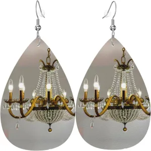 Ball Room Chandelier Print Charming Women'S Teardrop Leather Earrings,Fashionable And Unique Dangle Earrings-1 Pair