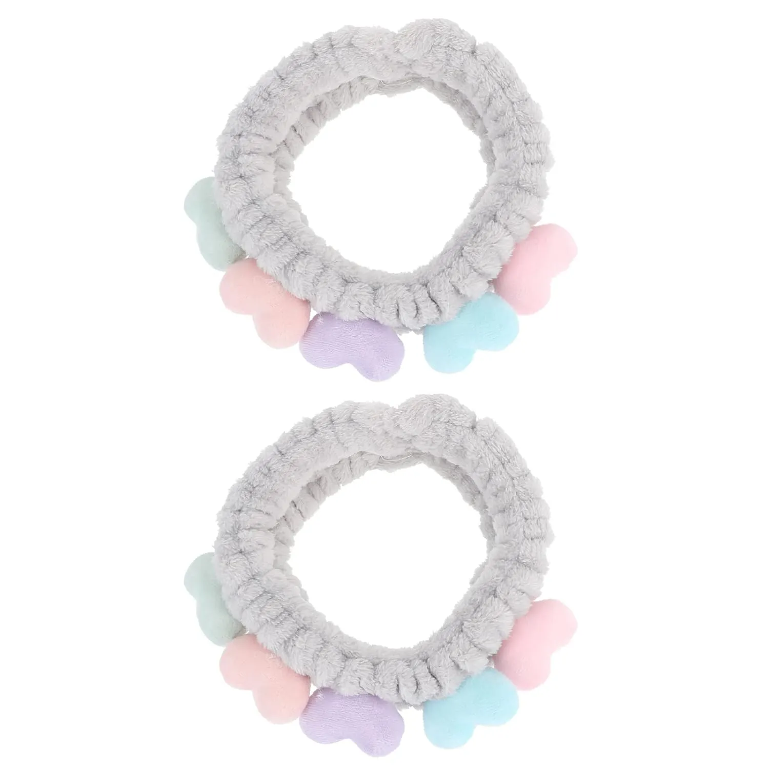 Beaupretty 2pcs Plush Spa Headband Cute Heart Coral Fleece Makeup Headband Soft Elastic Head Wrap Cosmetic Bow Hair Bands Women Facial Hair Scrunchies for Shower (Grey)