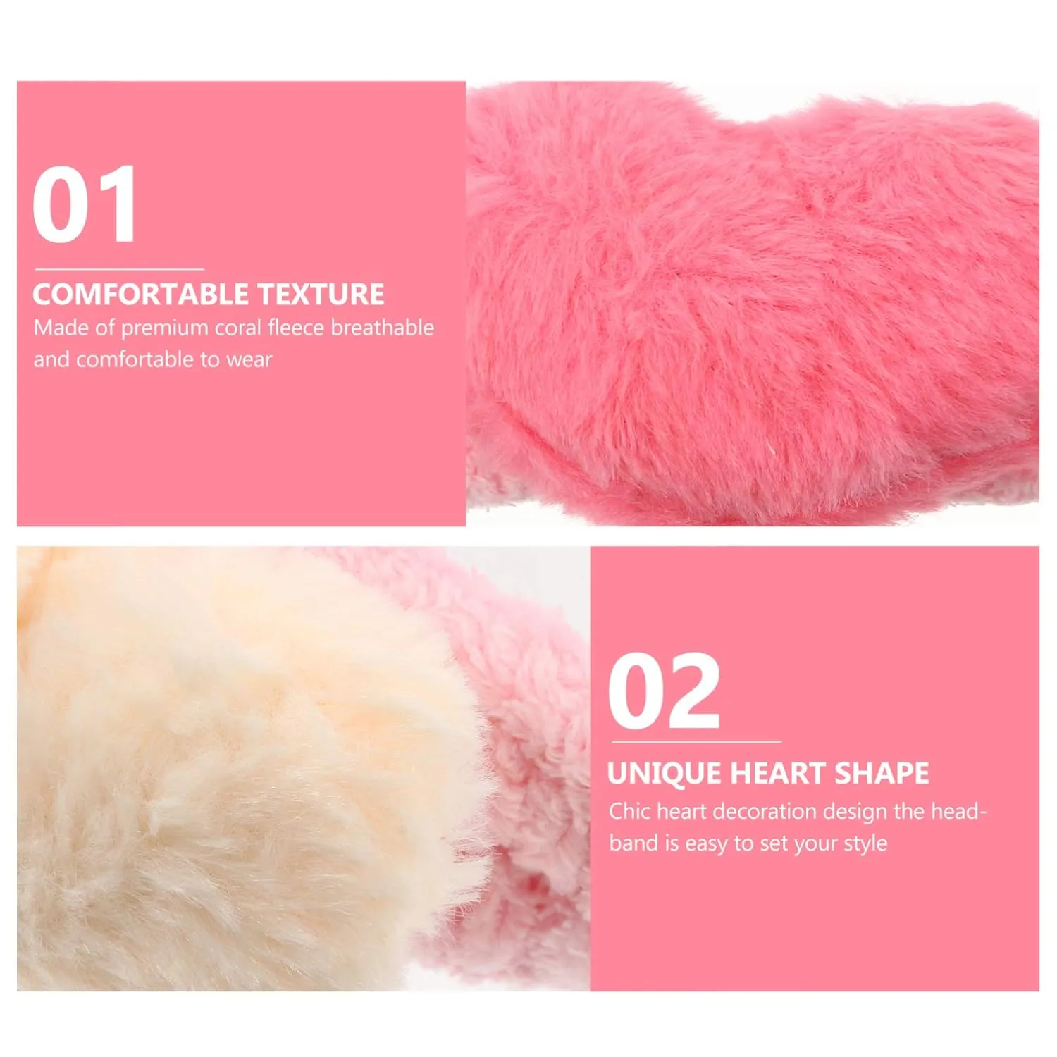 Beaupretty 2pcs Plush Spa Headband Cute Heart Coral Fleece Makeup Headband Soft Elastic Head Wrap Cosmetic Bow Hair Bands Women Facial Hair Scrunchies for Shower (Pink White,Pink Rosy)