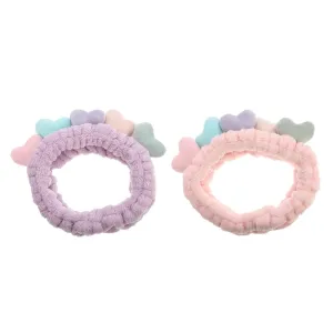 Beaupretty 2pcs Plush Spa Headband Cute Heart Coral Fleece Makeup Headband Soft Elastic Head Wrap Cosmetic Bow Hair Bands Women Facial Hair Scrunchies for Shower (Pink,Violet)