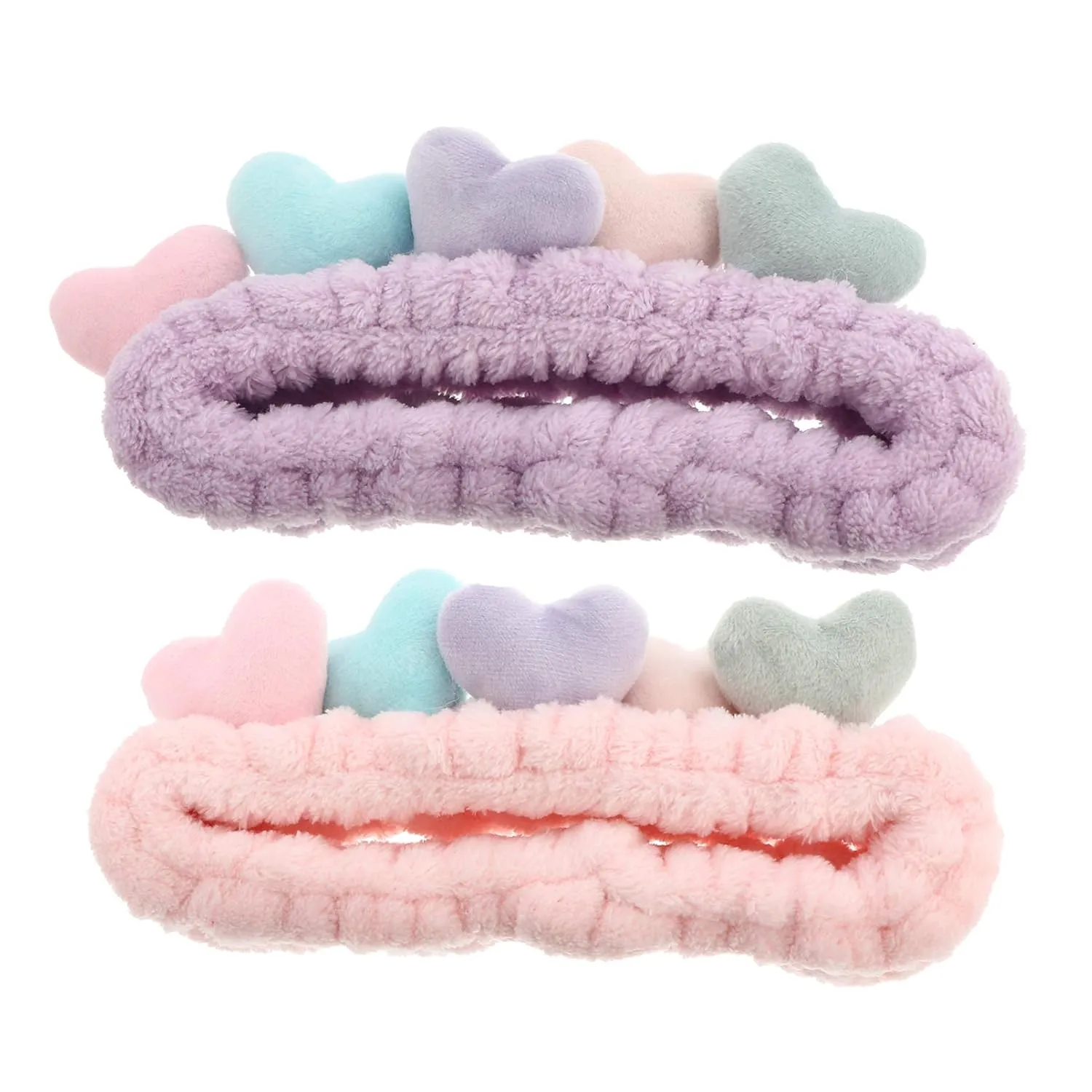 Beaupretty 2pcs Plush Spa Headband Cute Heart Coral Fleece Makeup Headband Soft Elastic Head Wrap Cosmetic Bow Hair Bands Women Facial Hair Scrunchies for Shower (Pink,Violet)