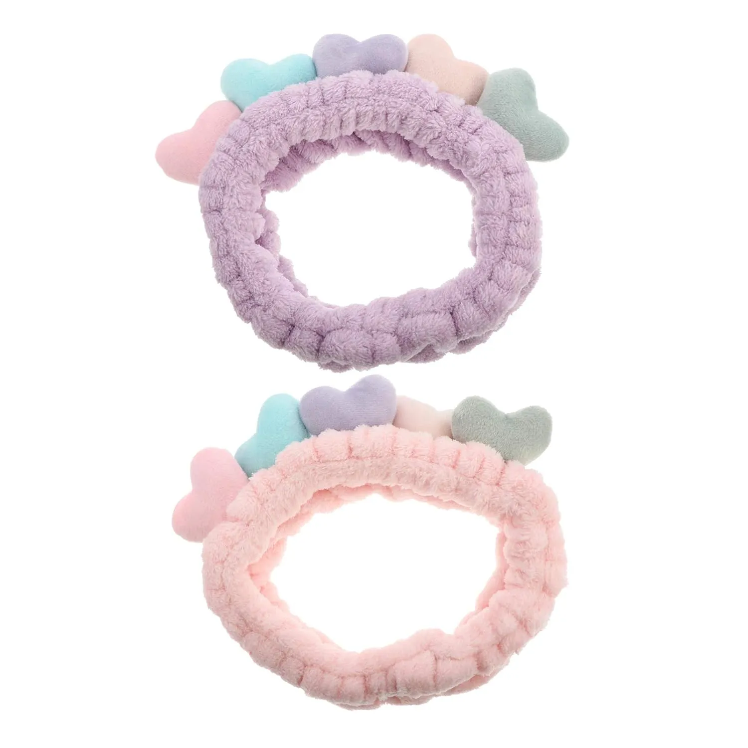 Beaupretty 2pcs Plush Spa Headband Cute Heart Coral Fleece Makeup Headband Soft Elastic Head Wrap Cosmetic Bow Hair Bands Women Facial Hair Scrunchies for Shower (Pink,Violet)