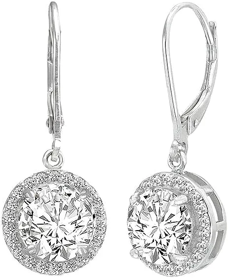 Beryl Crafts 2 Ctw Round Cut Cz Diamond Halo Drop & Dangle Earrings 14K White Gold Plated Silver